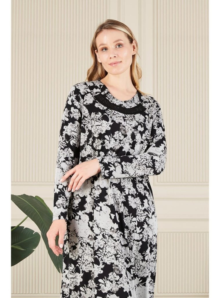 printed turkish modest long dress with stonework on neck 1